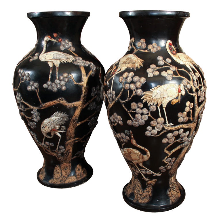 Very Large pair of Japanese Lacquer Urns - Over 4 feet tall! For Sale