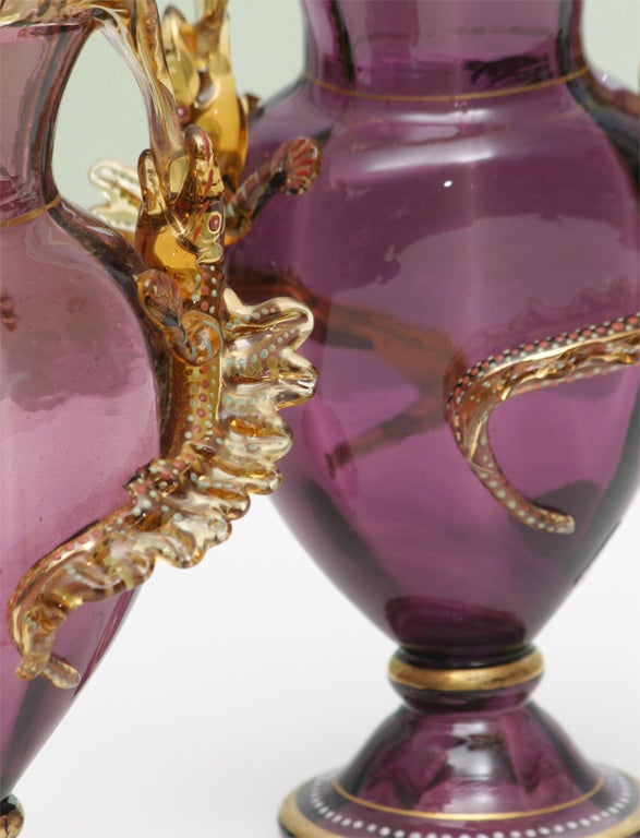 Czech Pair of Moser Hand Blown Amethyst Vases With Lizards 10 1/4