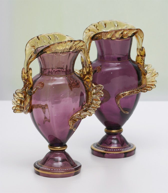 Hand-Painted Pair of Moser Hand Blown Amethyst Vases With Lizards 10 1/4