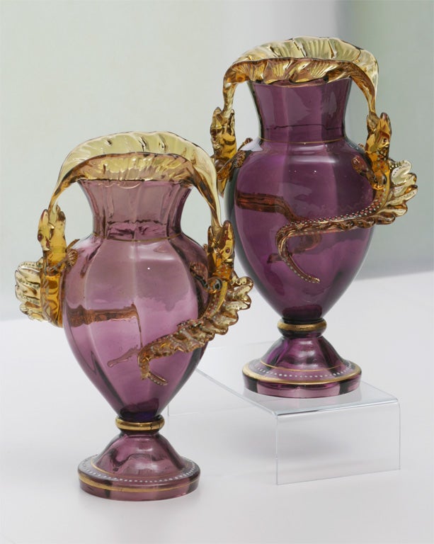 19th Century Pair of Moser Hand Blown Amethyst Vases With Lizards 10 1/4