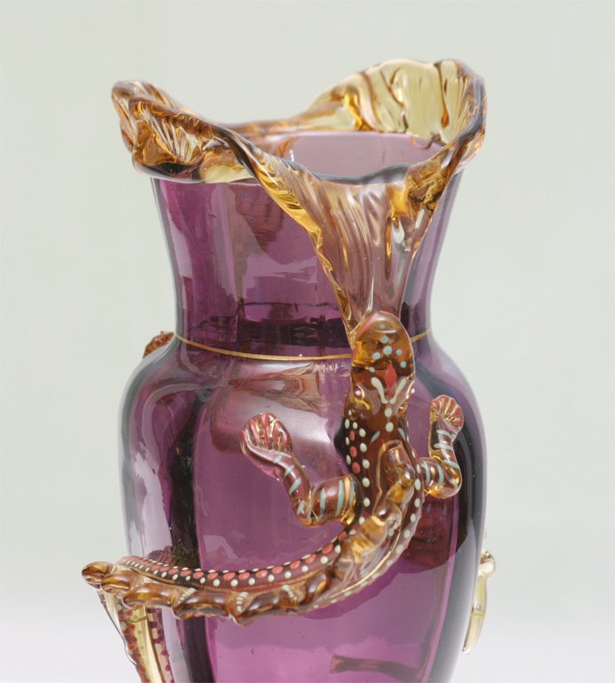 Pair of Moser Hand Blown Amethyst Vases With Lizards 10 1/4