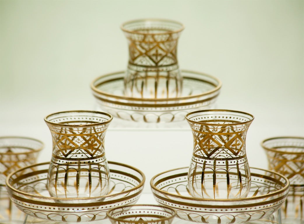 German Set of 12 Handblown Crystal Tea Glasses with Gilt Enamel Decoration