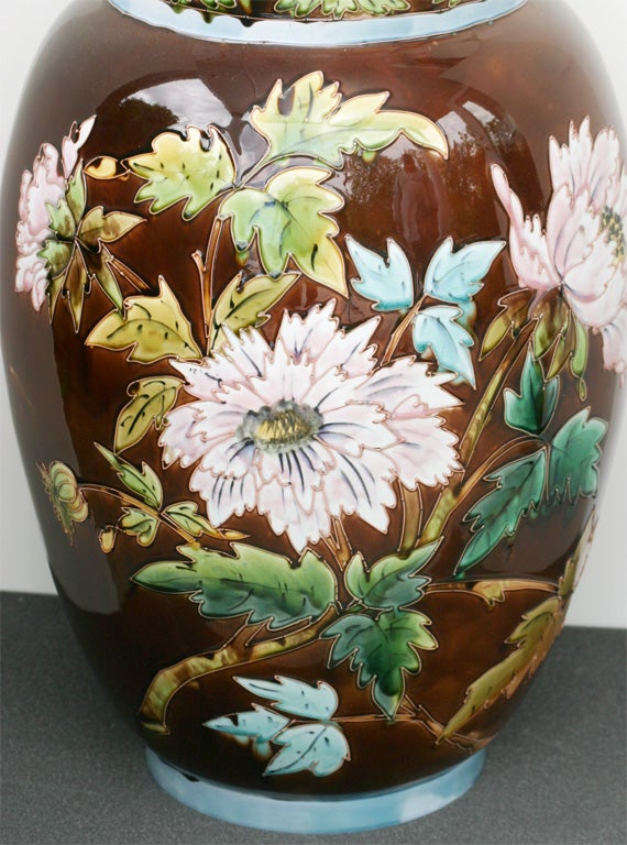 Enameled Monumental Porcelain Majolica Vase Floral 