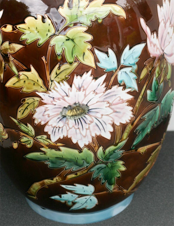 19th Century Monumental Porcelain Majolica Vase Floral 