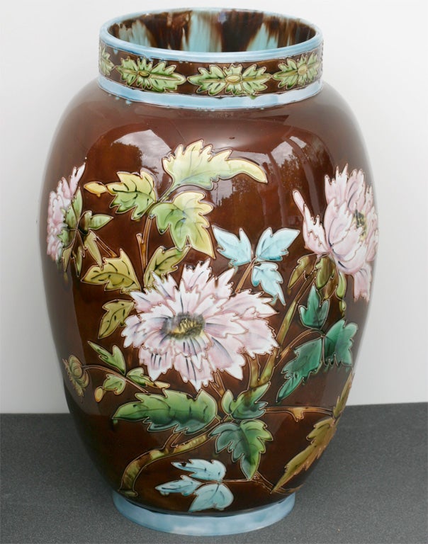 Monumental Porcelain Majolica Vase Floral 