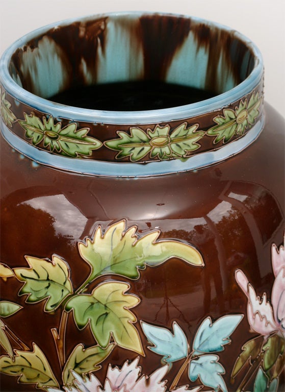 Monumental Porcelain Majolica Vase Floral 