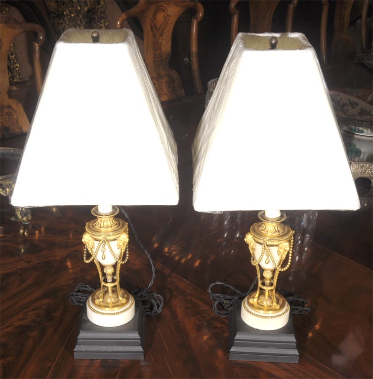 Pair of Bronze Dore and Marble Lamps