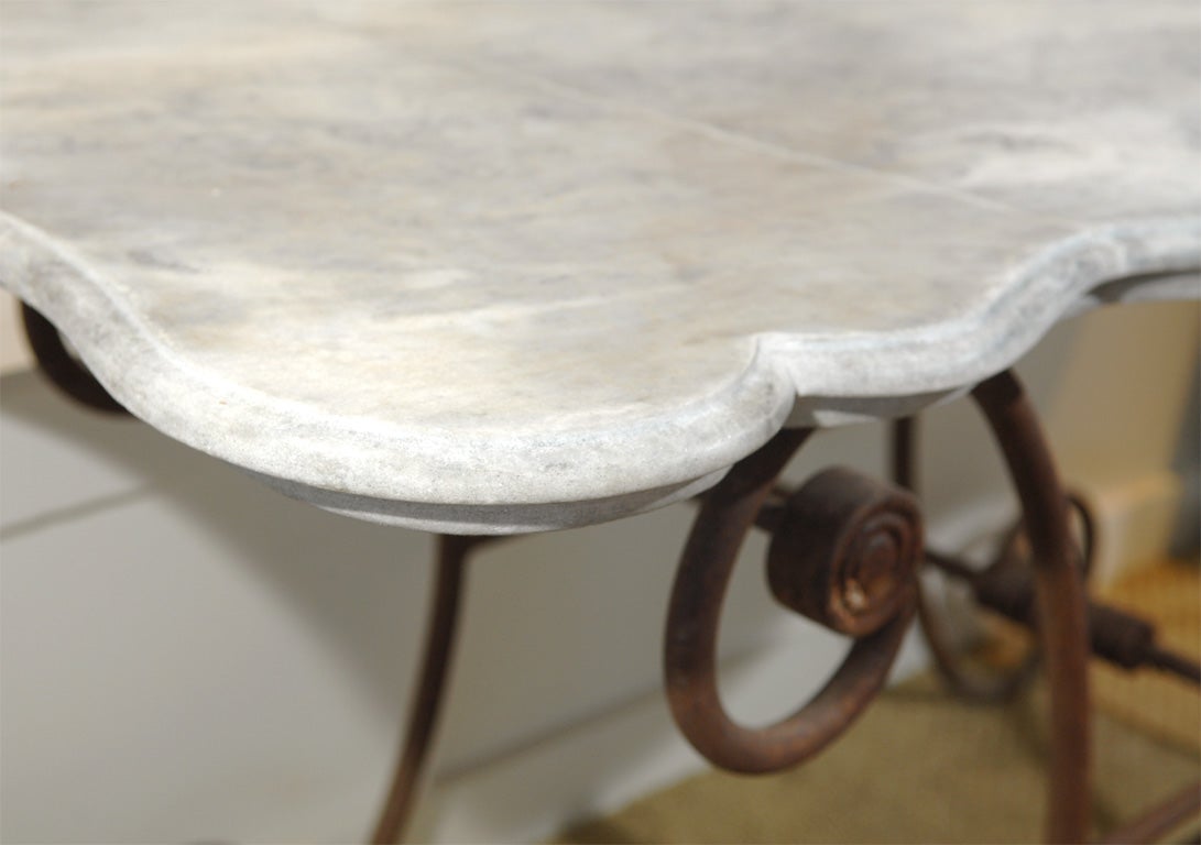 French Pastry Table with Rustic Iron Base and Original Scalloped Marble Top.