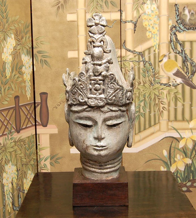 Silvered Late 19thC.Thai Silver Leafed Buddha Head on Wooden Stand