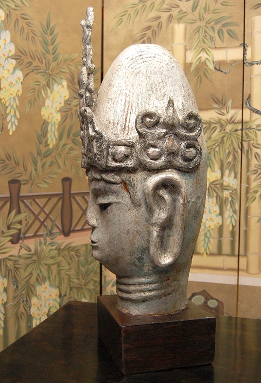 Softwood Late 19thC.Thai Silver Leafed Buddha Head on Wooden Stand