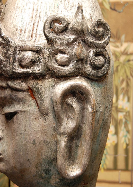 Late 19thC.Thai Silver Leafed Buddha Head on Wooden Stand 1
