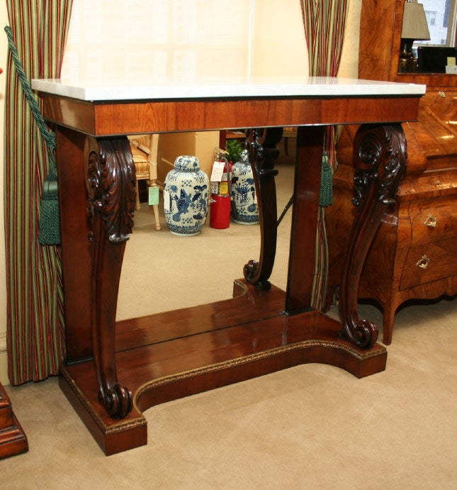 REGENCY PERIOD MAHOGANY CONSOLE TABLE, MIRRORED BACK, WHITE MARB