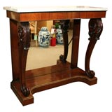 REGENCY PERIOD MAHOGANY CONSOLE TABLE, MIRRORED BACK, WHITE MARB