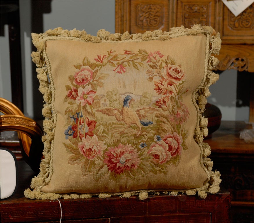 New Aubusson Tapestry Pillow in the Bird in Wreath Design