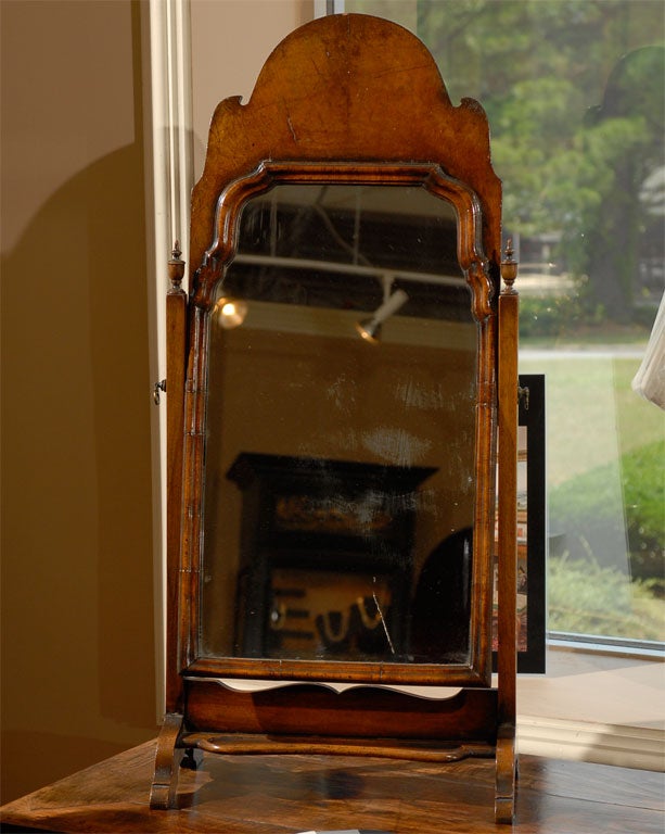 19th C Queen Anne Walnut Bonnet Top Dressing Mirror w/ Tray Base