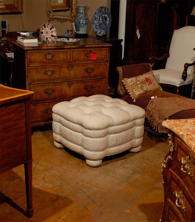 American Lee Jofa Tufted Ottoman on Upholstered Bun Feet