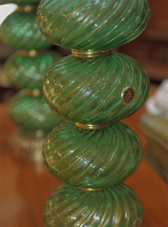 Rare green coloured glass pair of lamps by Barovier & Toso For Sale 1