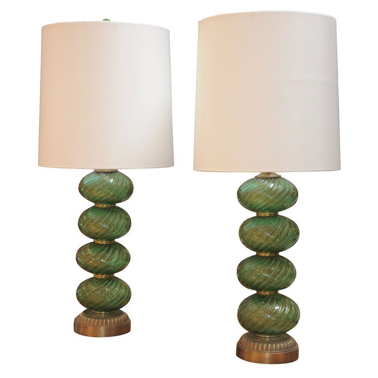 Rare green coloured glass pair of lamps by Barovier & Toso For Sale