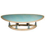 C. 1950 Bleached Oak and Aqua Stamped Leather Coffee Table