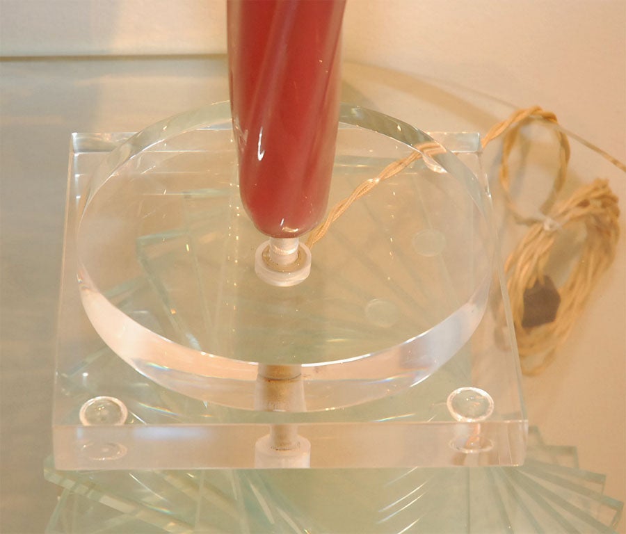 Glass PINK CASED SPIRAL MURANO GLASS LAMP ON LUCITE BASE