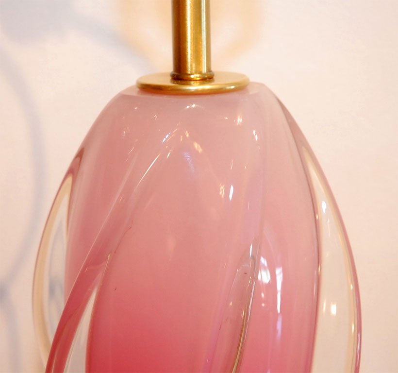 PINK CASED SPIRAL MURANO GLASS LAMP ON LUCITE BASE 1