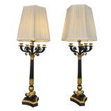 Pair of Charles X Patinated and Gilt-Bronze Six-Light Candelabra