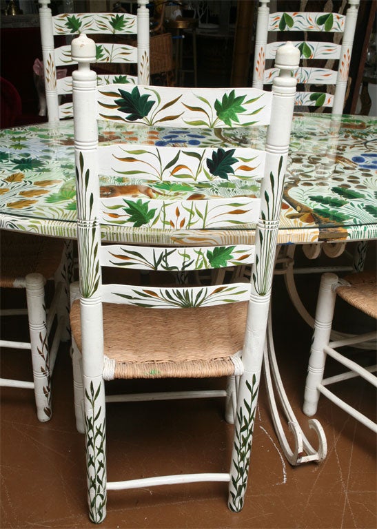 Mid-20th Century Handpainted Dining Table with Six Chairs