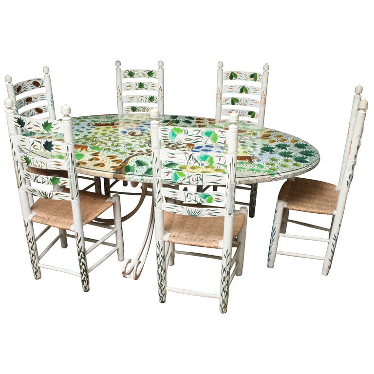 Handpainted Dining Table with Six Chairs