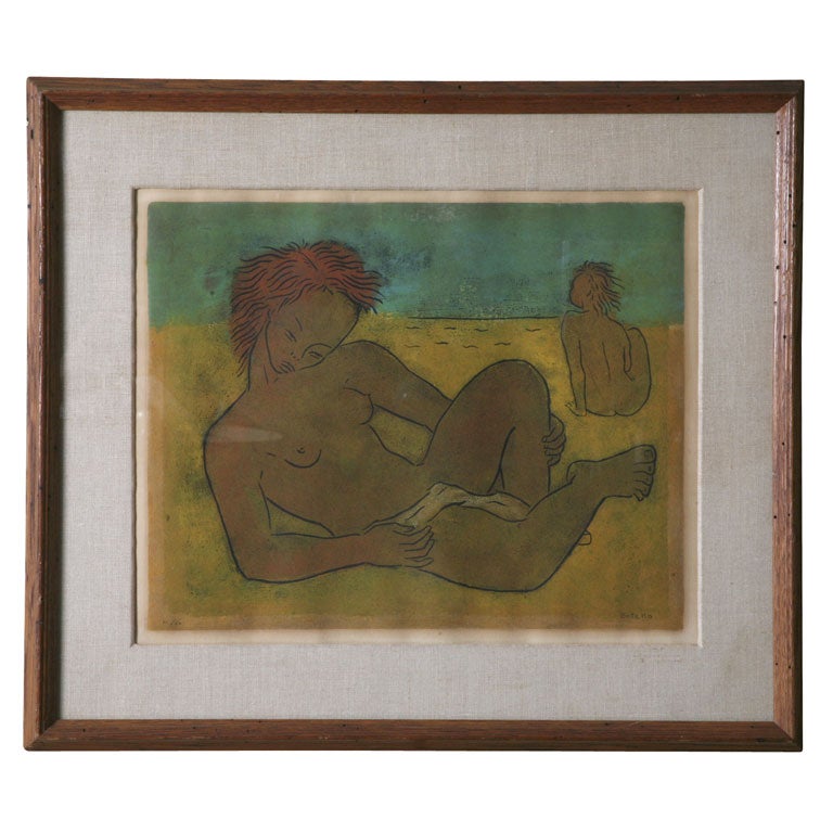 Angel Botello Linocut "Sunning Nudes" Framed