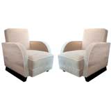 Vintage Pair of Art Deco Mohair Club Chairs with Ebonized Walnut Bases