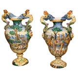 Pair Of Italian Majolica Hand Painted Urns