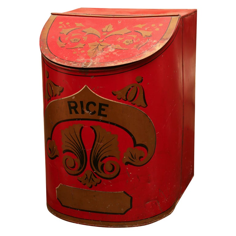 Red tole "Rice" bin at 1stdibs