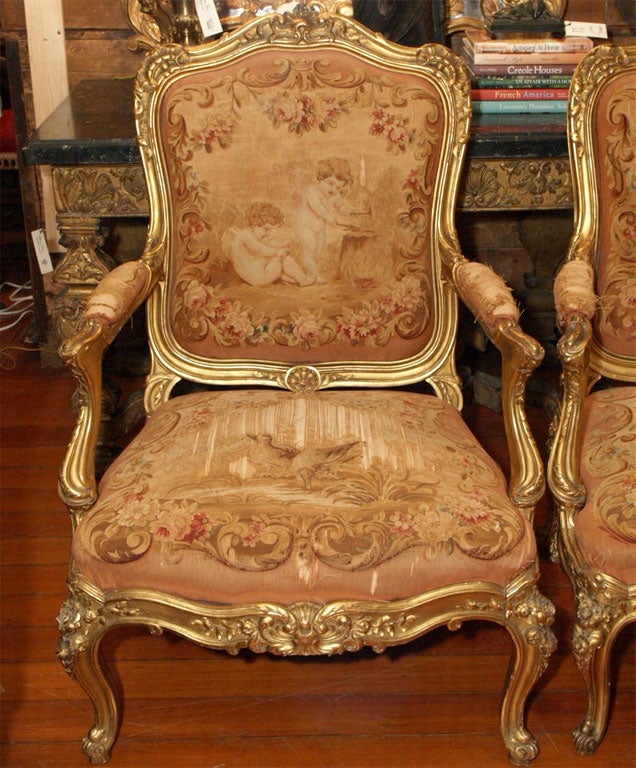 French PAIR OF 19TH C.  LOUIS XV STYLE GILT ARMCHAIRS
