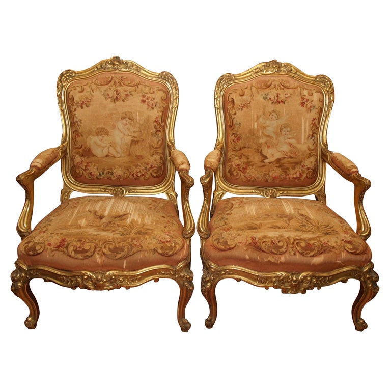 PAIR OF 19TH C.  LOUIS XV STYLE GILT ARMCHAIRS