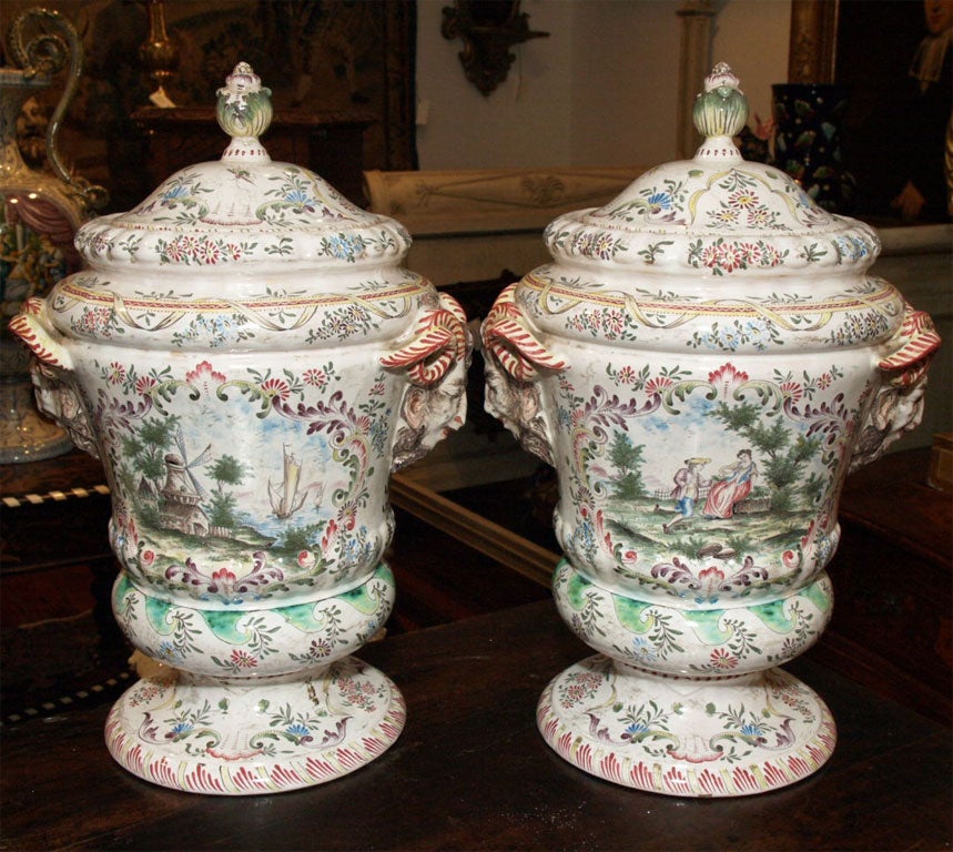 Pair of Covered Jars marked V.P. with hand painted scenes from Marseilles
