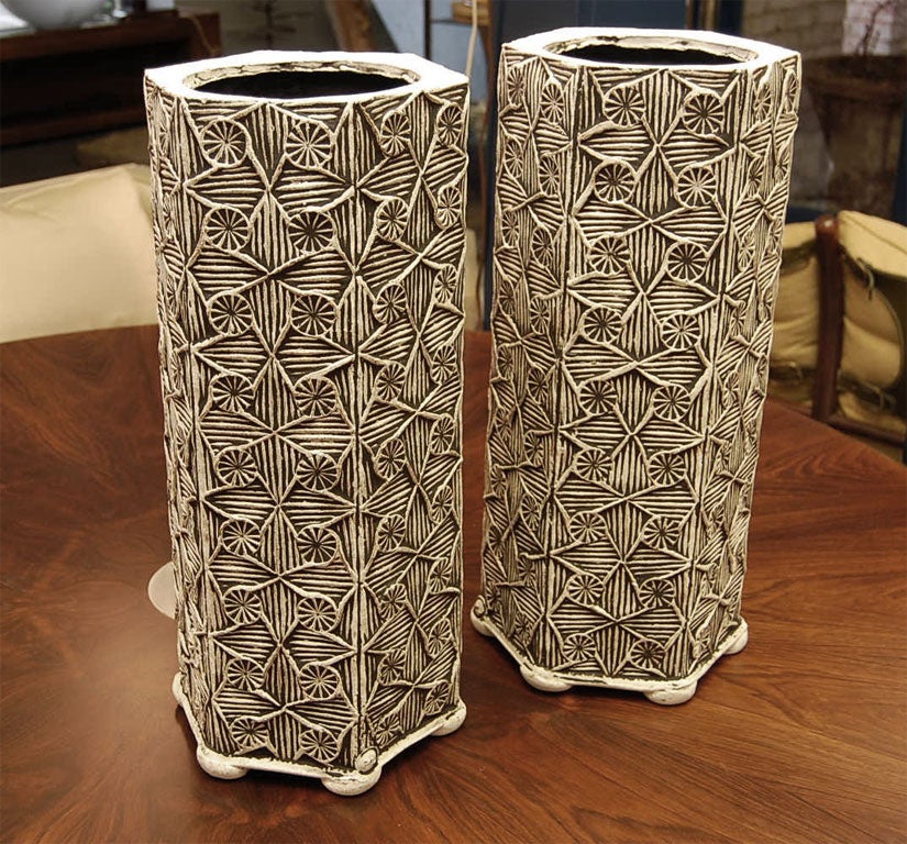 Pair of Peter Lane Hexagonal Vases.  Stamped with Textured Black and White Designs of Diamonds and Wheels.