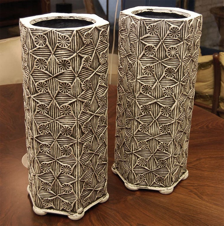 Glazed Pair of Peter Lane Hexagonal Vases