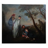 French Oil on Canvas " Le couple sur la colline avec leur chien"