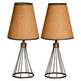 Vintage Pr. of metal table lamps with woven shades