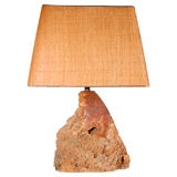Early burled wood table lamp with original sea grass shade