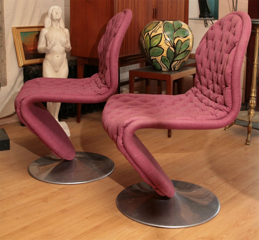 Pair of Verner Panton Chairs in original tufted wool covers, aluminium frame and base, System 1,2,3.