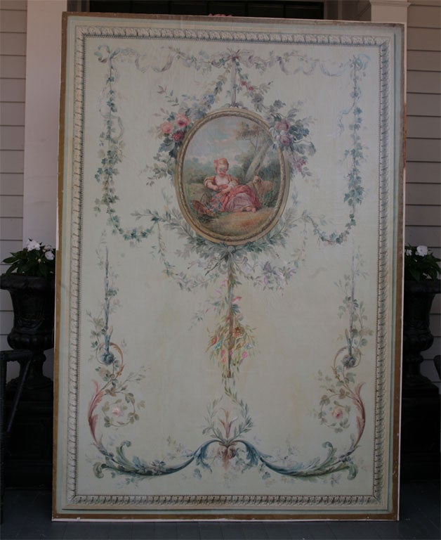 These large scale Beau Arts painted panels were originaly set into paneling and probably were from a set of four representing the seasons. The painting is of the finest quality and deatiling. Please note the use of gilding a to acentuate the paint