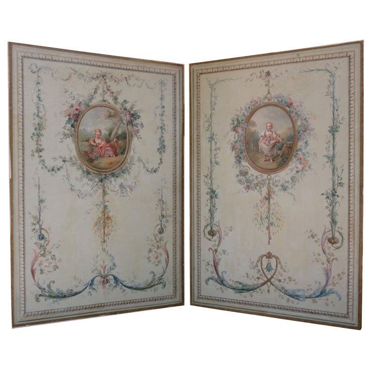 Pair Large French Painted Canvas Panels
