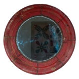 Antique 19THC FOLKY ORIGINAL RED  PAINTED WOOD FRAME SHIP MIRROR