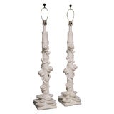 Tall Pair of White Glazed Ceramic Lotus Lamps