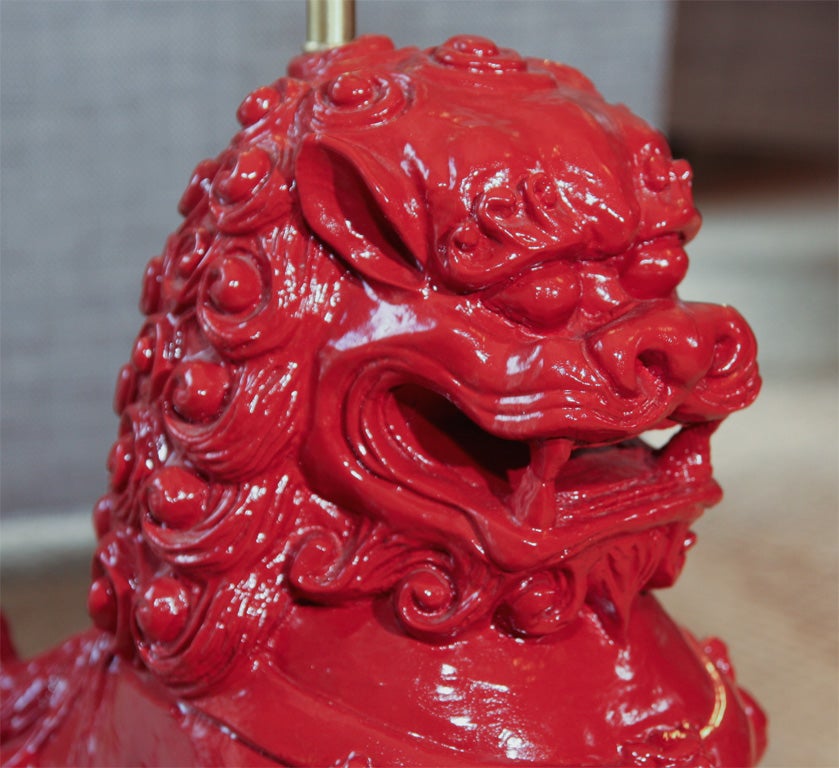 American Red lacquered Chinese lion lamps