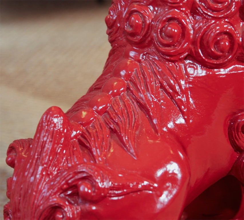 Mid-20th Century Red lacquered Chinese lion lamps