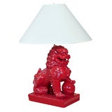 Red lacquered Chinese lion lamps