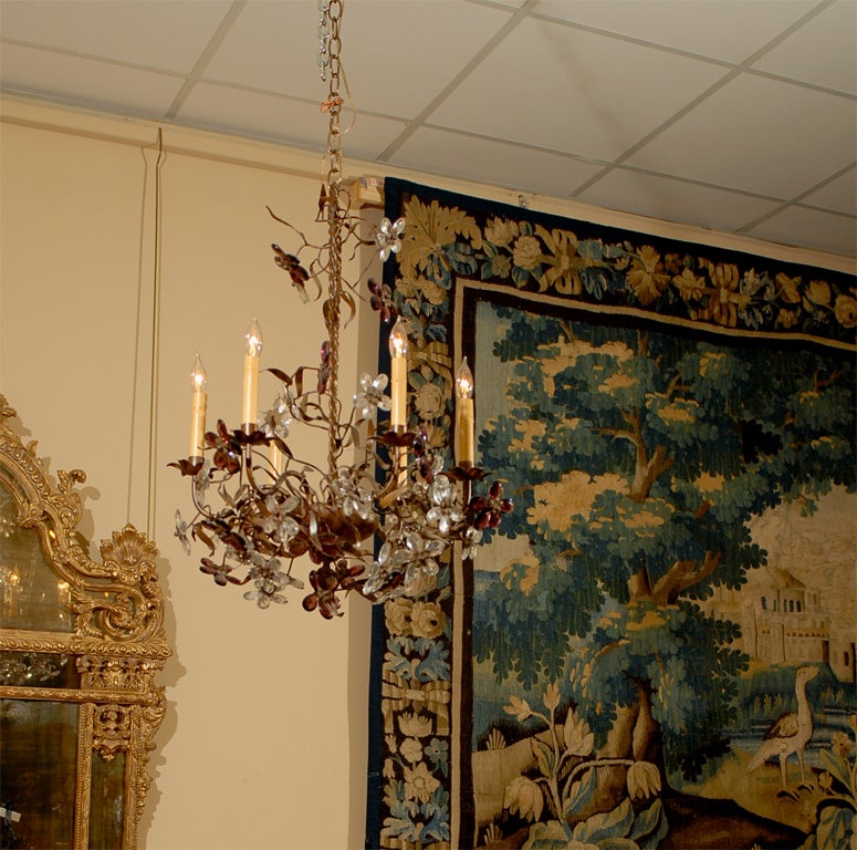 19th Century  Basket Chandelier with Crystal Flowers, France