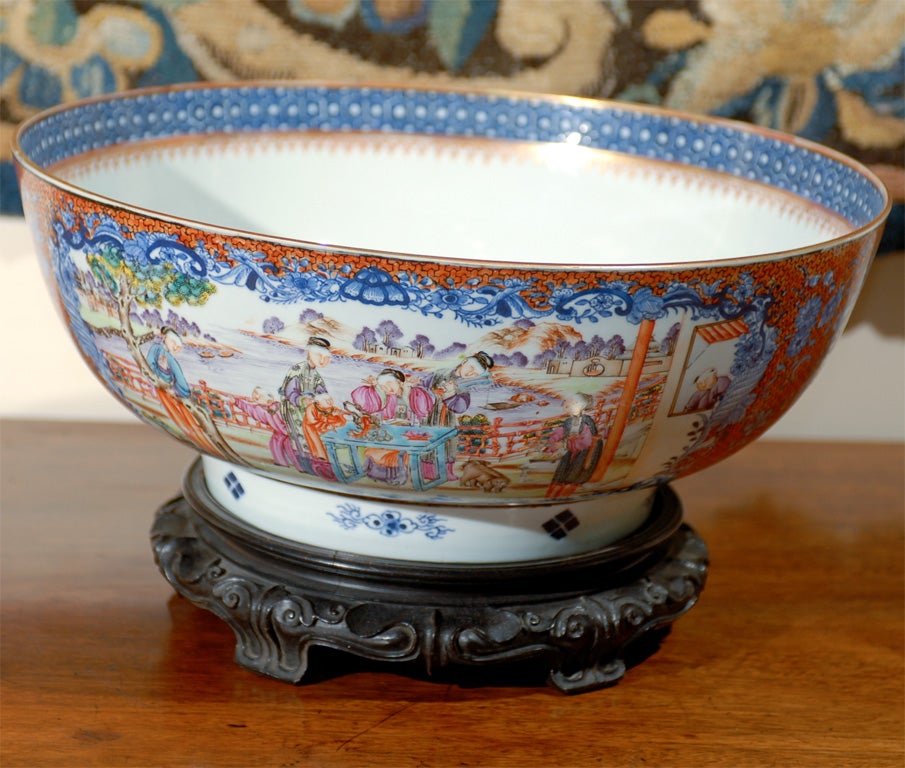 Large Chinese Export Punch Bowl, Painted & Gilt Decoration in Mandarin Palette For Sale 1